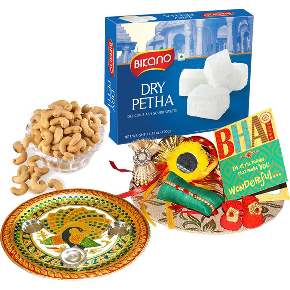 Bikano Dry Petha and Salted Kaju Rakhi Puja Thali Gifts | Grocsy