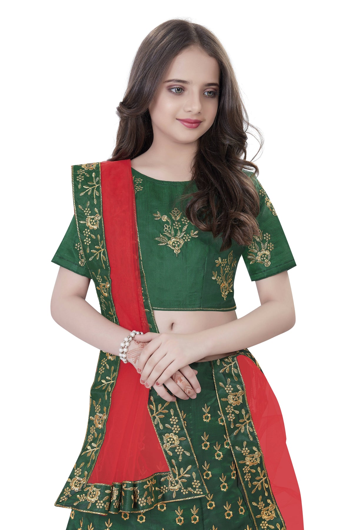 Dwiden Green Baby Doll Tafetta Sattin Semi-Stitched Girl's Lehenga Choli | Grocsy