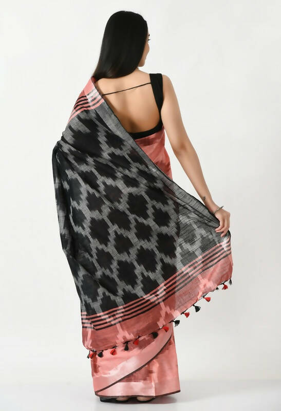 Mominos Fashion Moeza Gajari & Black Bhagalpuri Handloom Ikat Pure Cotton Saree with unstitched Blouse piece | Grocsy