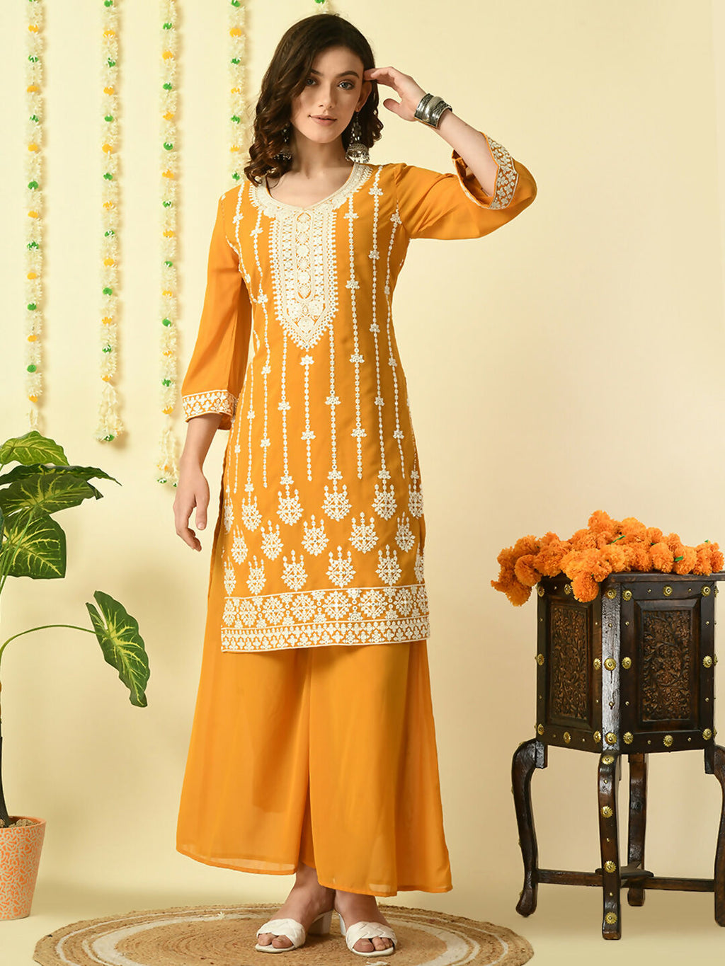 Myshka Women's Mustard Georgette Kurta & Palazzos With Dupatta Party Sets | Grocsy