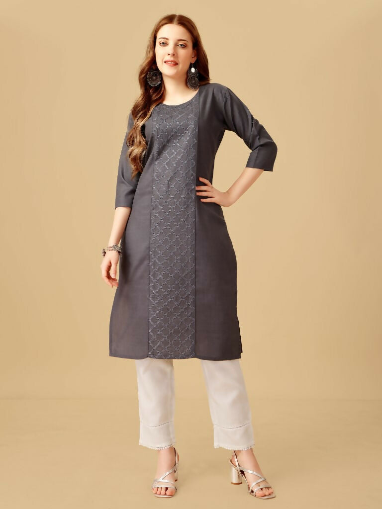 Jyoti Fashion Women's Grey Cotton Blend Embroidered Kurta Pant Set | Grocsy