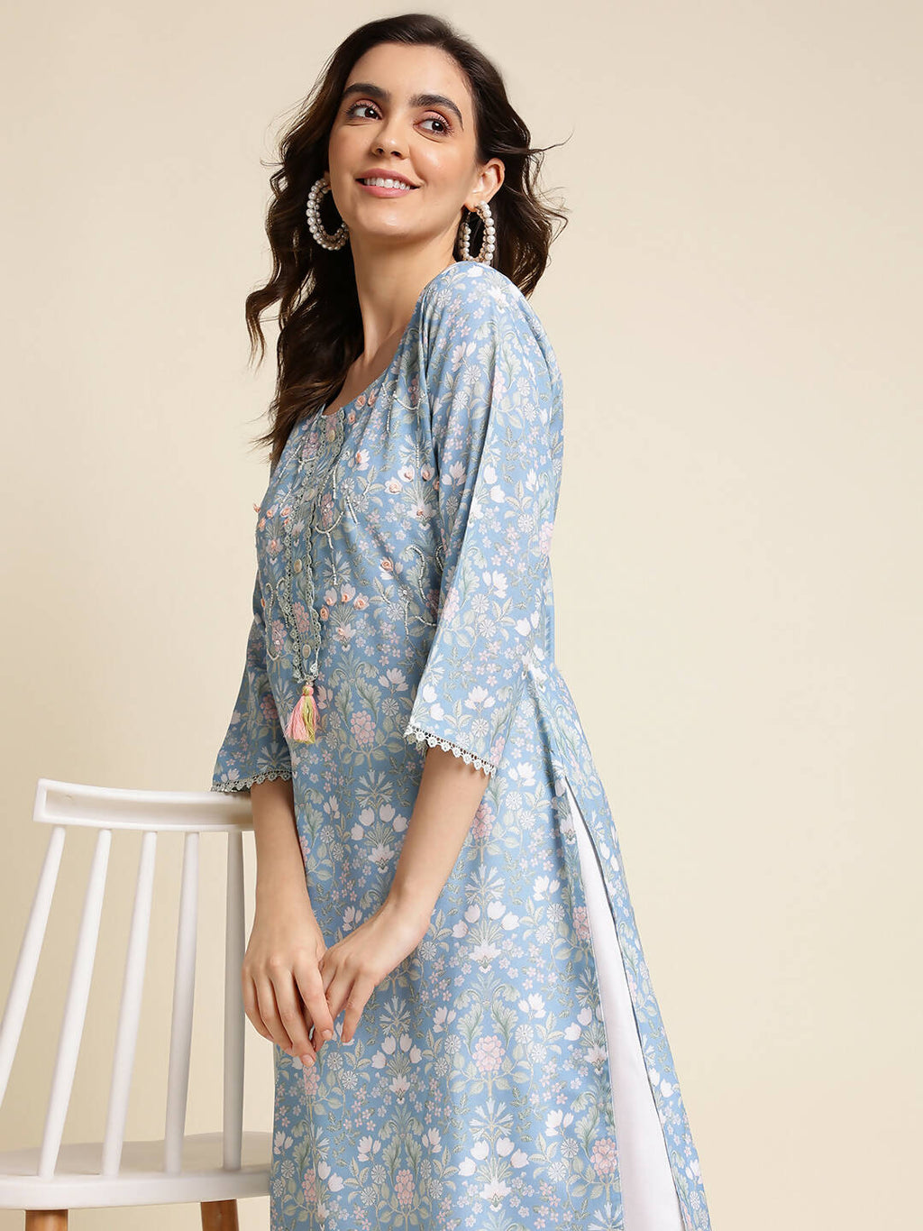 Blue Linen Floral Printed Straight Fit Kurta - Prasuti | Grocsy