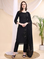Beads & Swarovski Embroidered Kurta With Pant & Dupatta, Black - Hiral Fashion | Grocsy