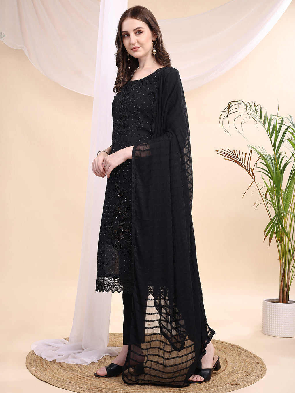 Beads & Swarovski Embroidered Kurta With Pant & Dupatta, Black - Hiral Fashion | Grocsy
