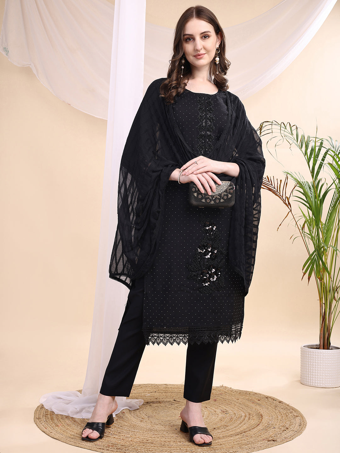 Beads & Swarovski Embroidered Kurta With Pant & Dupatta, Black - Hiral Fashion | Grocsy