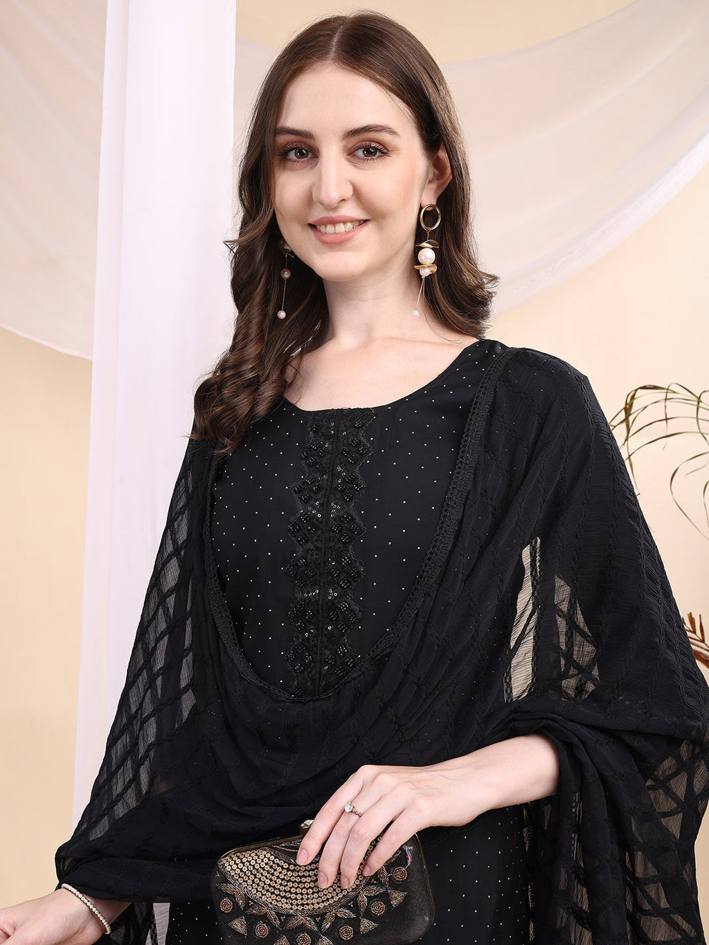 Beads & Swarovski Embroidered Kurta With Pant & Dupatta, Black - Hiral Fashion | Grocsy