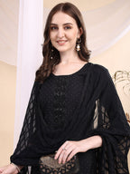 Beads & Swarovski Embroidered Kurta With Pant & Dupatta, Black - Hiral Fashion | Grocsy