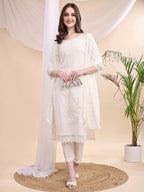 Beads & Swarovski Embroidered Kurta With Pant & Dupatta, White - Hiral Fashion | Grocsy
