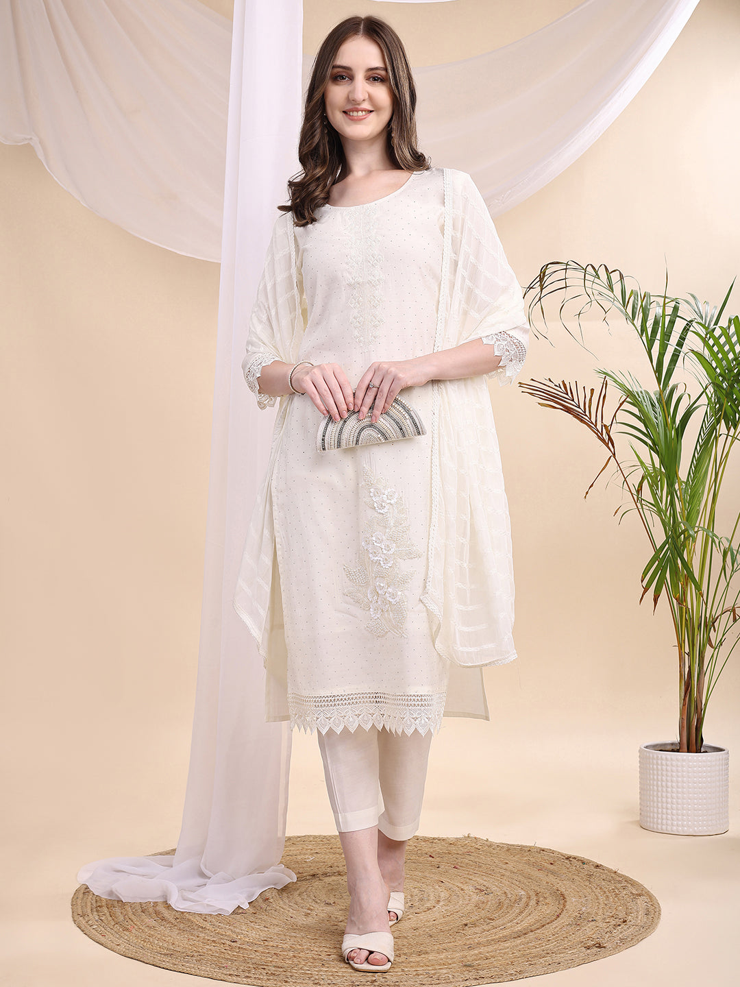 Beads & Swarovski Embroidered Kurta With Pant & Dupatta, White - Hiral Fashion | Grocsy