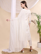 Beads & Swarovski Embroidered Kurta With Pant & Dupatta, White - Hiral Fashion | Grocsy