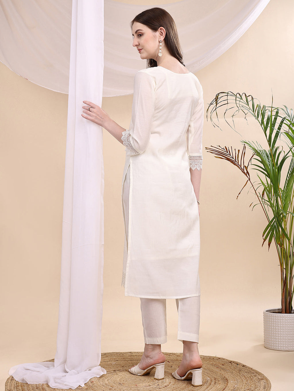 Beads & Swarovski Embroidered Kurta With Pant & Dupatta, White - Hiral Fashion | Grocsy