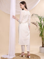 Beads & Swarovski Embroidered Kurta With Pant & Dupatta, White - Hiral Fashion | Grocsy
