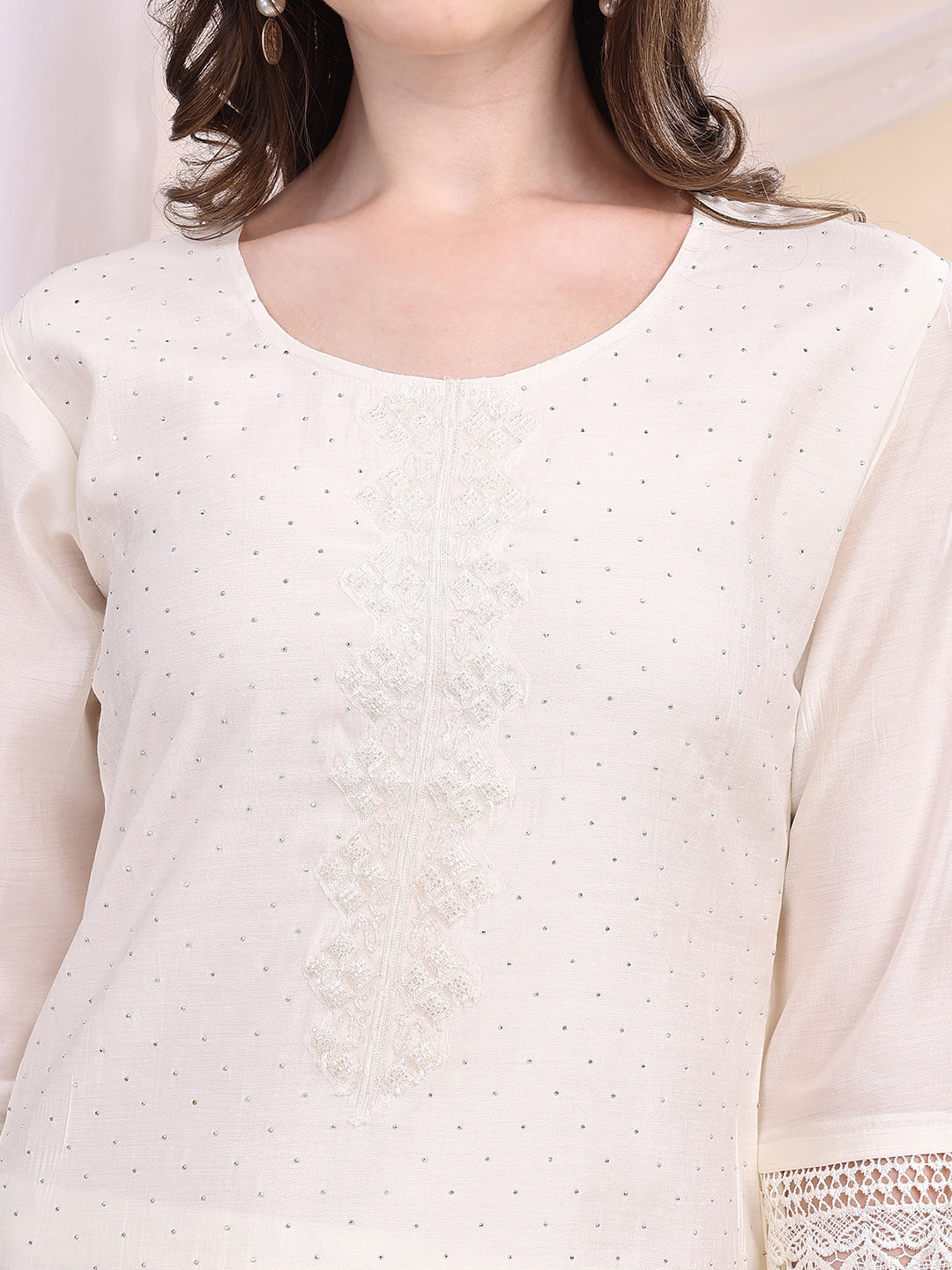 Beads & Swarovski Embroidered Kurta With Pant & Dupatta, White - Hiral Fashion | Grocsy