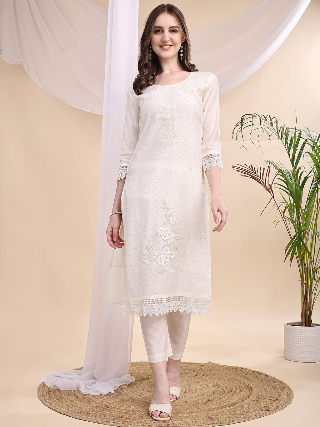 Beads & Swarovski Embroidered Kurta With Pant & Dupatta, White - Hiral Fashion | Grocsy