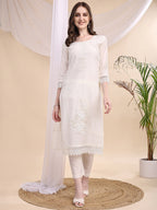 Beads & Swarovski Embroidered Kurta With Pant & Dupatta, White - Hiral Fashion | Grocsy