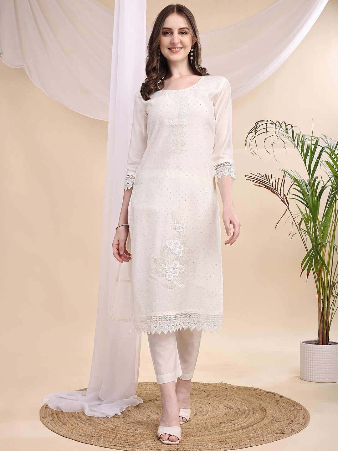Beads & Swarovski Embroidered Kurta With Pant & Dupatta, White - Hiral Fashion | Grocsy