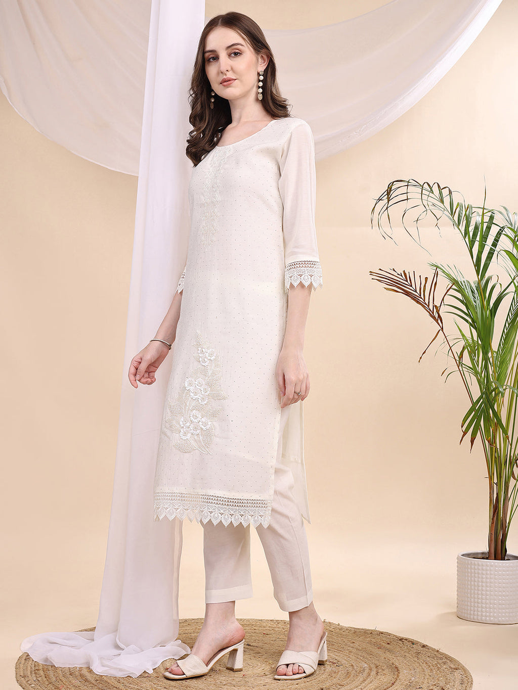 Beads & Swarovski Embroidered Kurta With Pant & Dupatta, White - Hiral Fashion | Grocsy