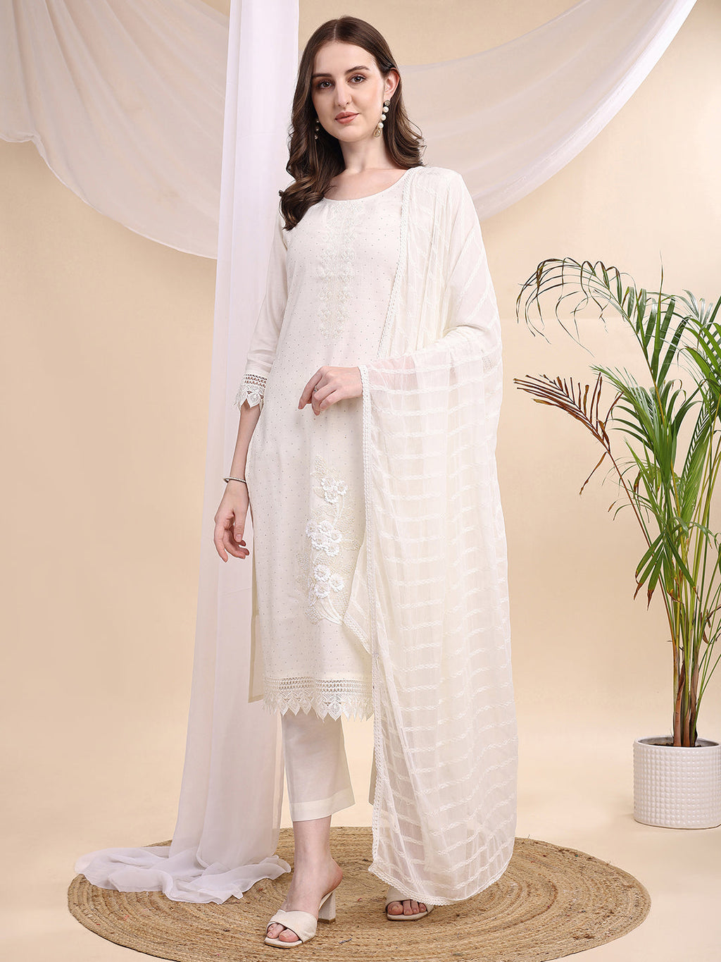 Beads & Swarovski Embroidered Kurta With Pant & Dupatta, White - Hiral Fashion | Grocsy