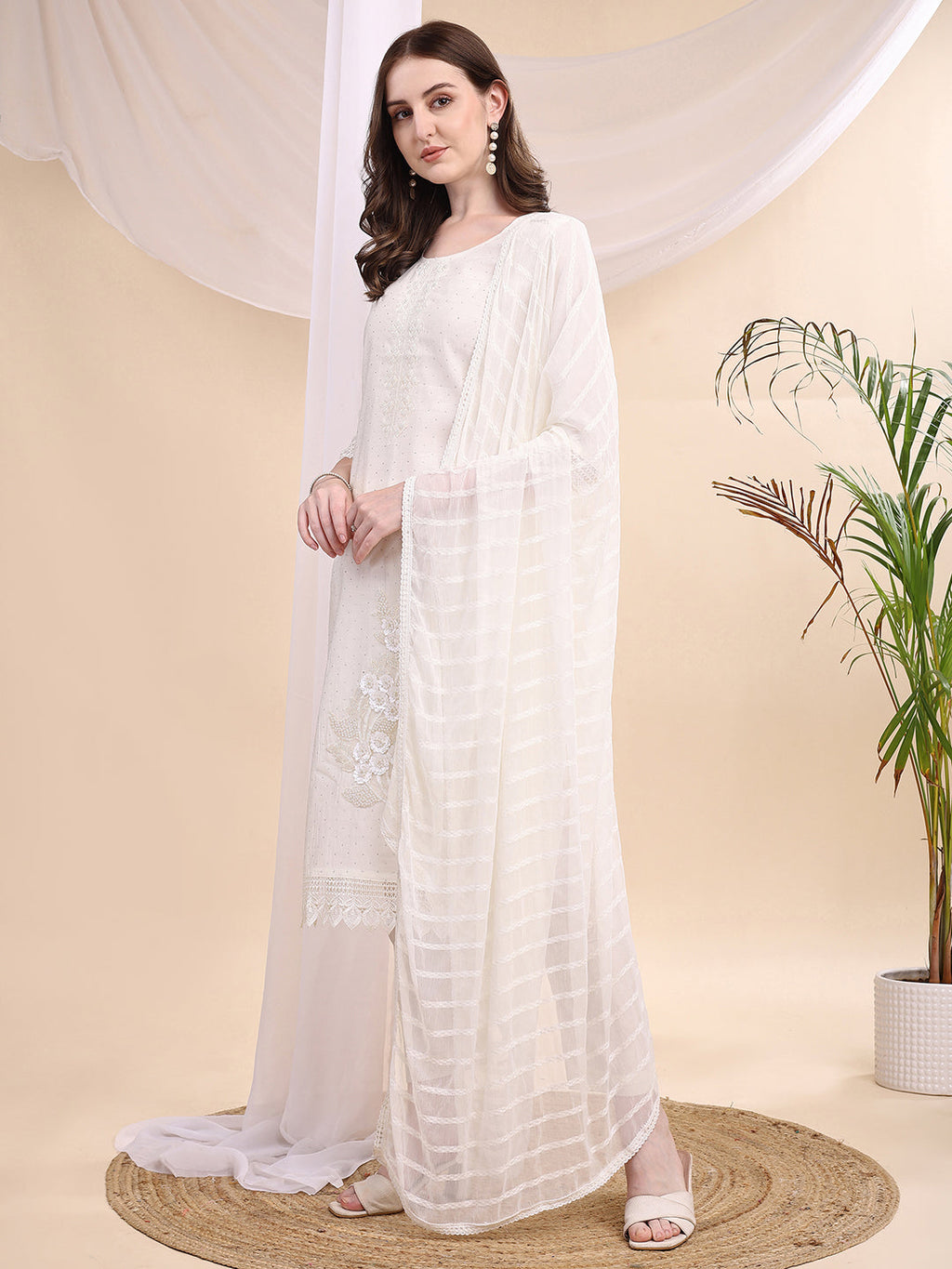 Beads & Swarovski Embroidered Kurta With Pant & Dupatta, White - Hiral Fashion | Grocsy