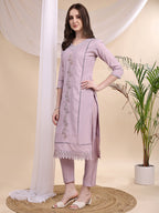 Applique Beads & Lace Embroidered Kurta With Pant & Dupatta, Lavender - Hiral Fashion | Grocsy