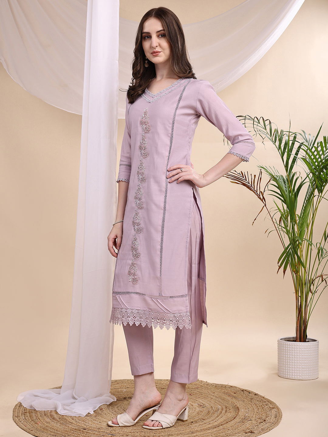 Applique Beads & Lace Embroidered Kurta With Pant & Dupatta, Lavender - Hiral Fashion | Grocsy