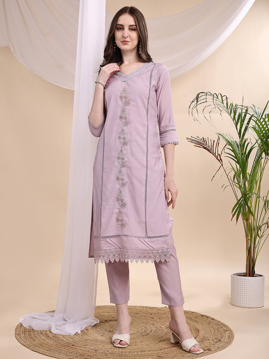 Applique Beads & Lace Embroidered Kurta With Pant & Dupatta, Lavender - Hiral Fashion | Grocsy