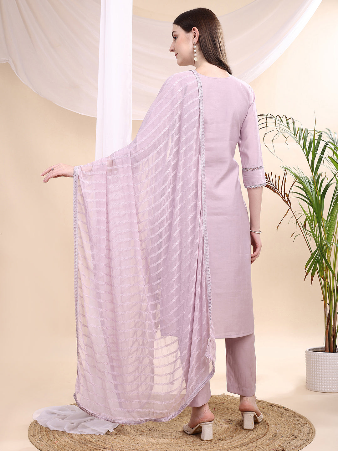 Applique Beads & Lace Embroidered Kurta With Pant & Dupatta, Lavender - Hiral Fashion | Grocsy