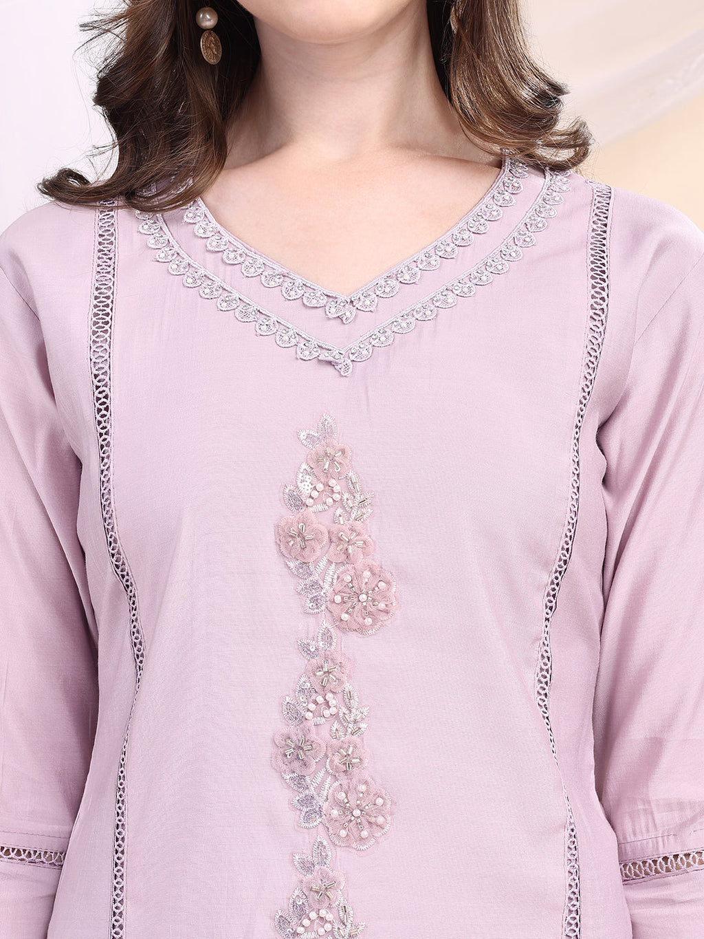 Applique Beads & Lace Embroidered Kurta With Pant & Dupatta, Lavender - Hiral Fashion | Grocsy