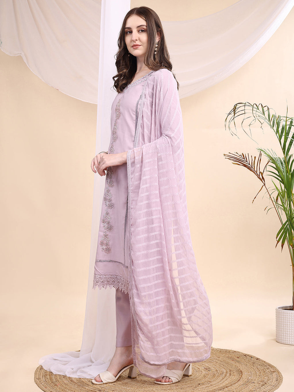 Applique Beads & Lace Embroidered Kurta With Pant & Dupatta, Lavender - Hiral Fashion | Grocsy