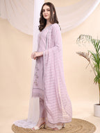 Applique Beads & Lace Embroidered Kurta With Pant & Dupatta, Lavender - Hiral Fashion | Grocsy