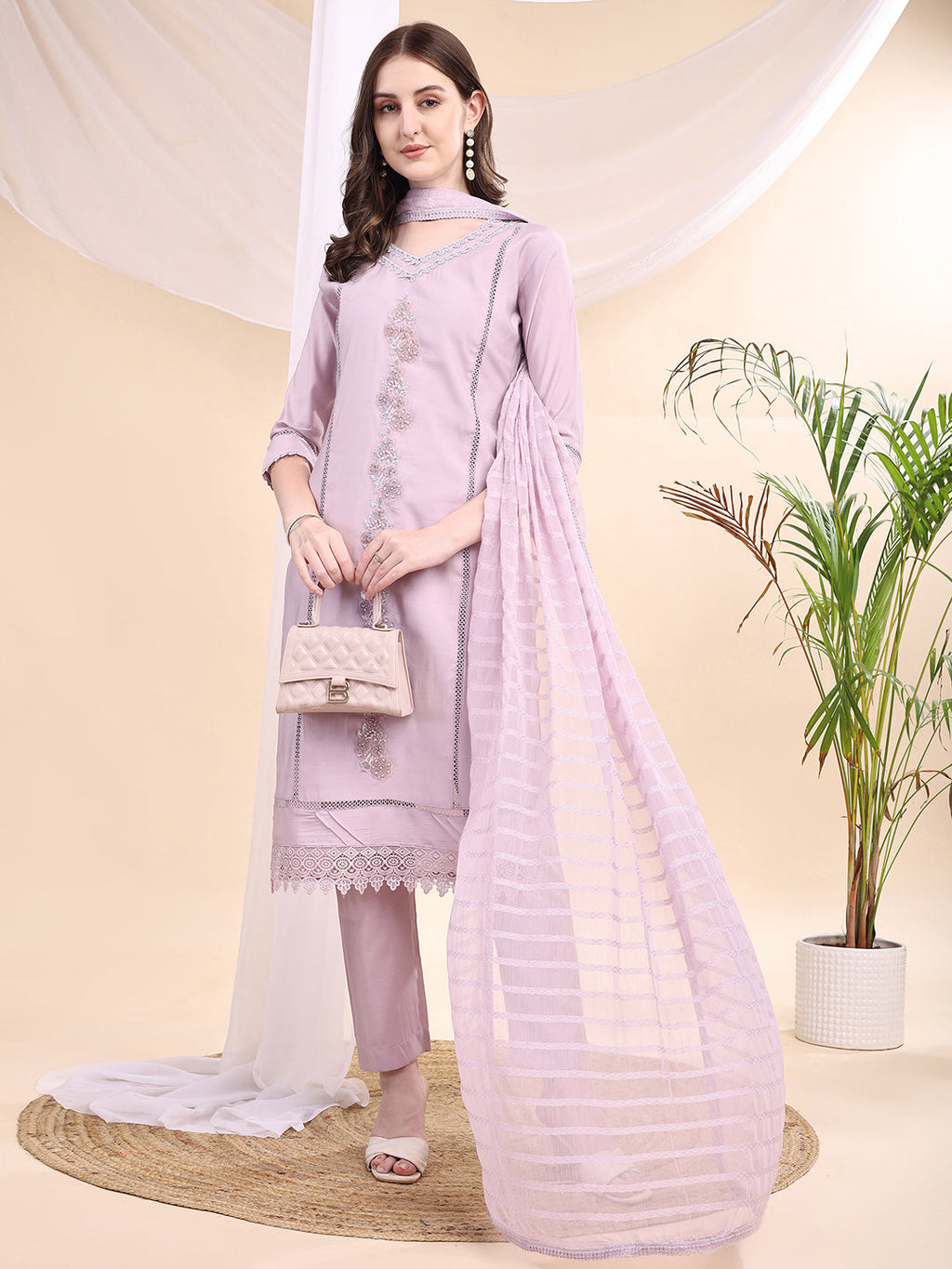 Applique Beads & Lace Embroidered Kurta With Pant & Dupatta, Lavender - Hiral Fashion | Grocsy