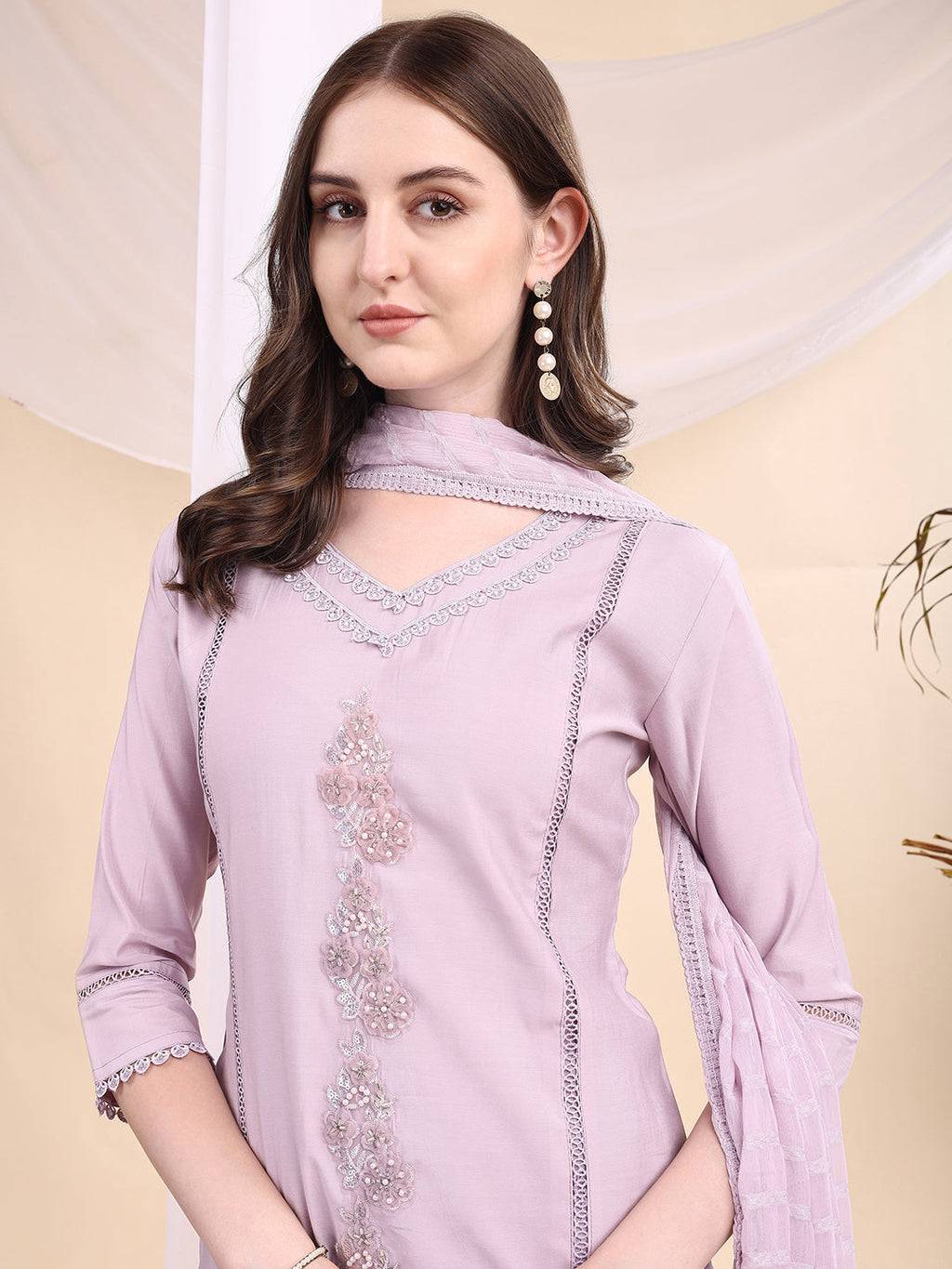 Applique Beads & Lace Embroidered Kurta With Pant & Dupatta, Lavender - Hiral Fashion | Grocsy