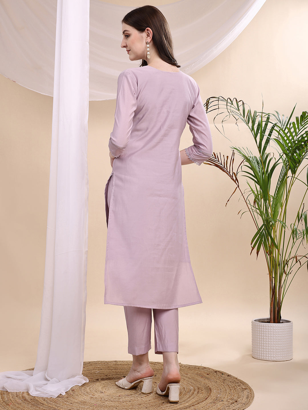Applique Beads & Lace Embroidered Kurta With Pant & Dupatta, Lavender - Hiral Fashion | Grocsy