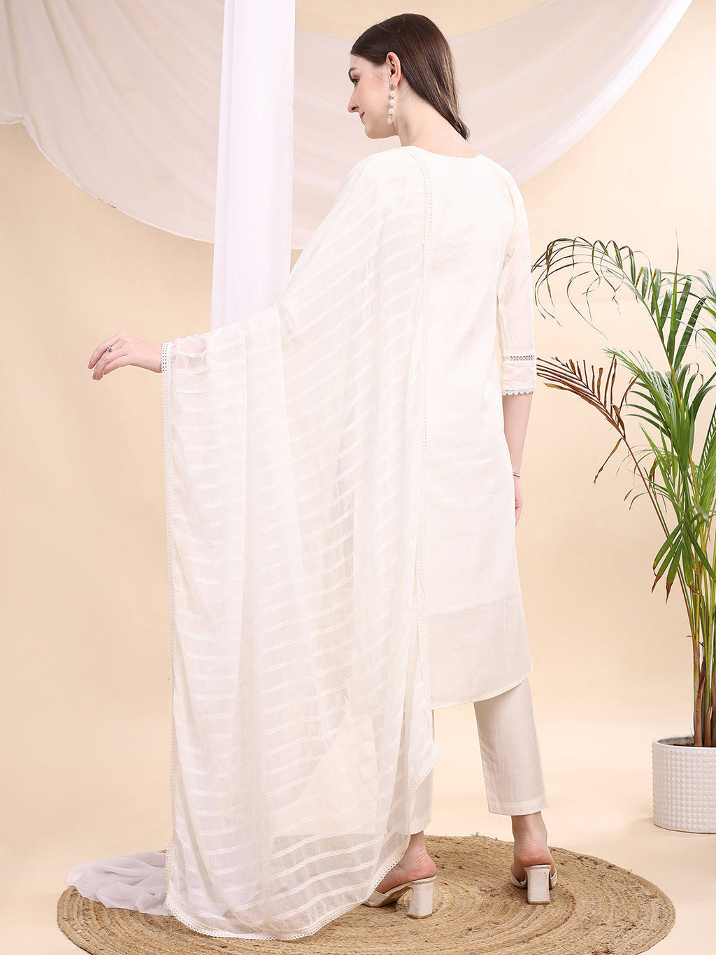 Applique Beads & Lace Embroidered Kurta With Pant & Dupatta, White - Hiral Fashion | Grocsy