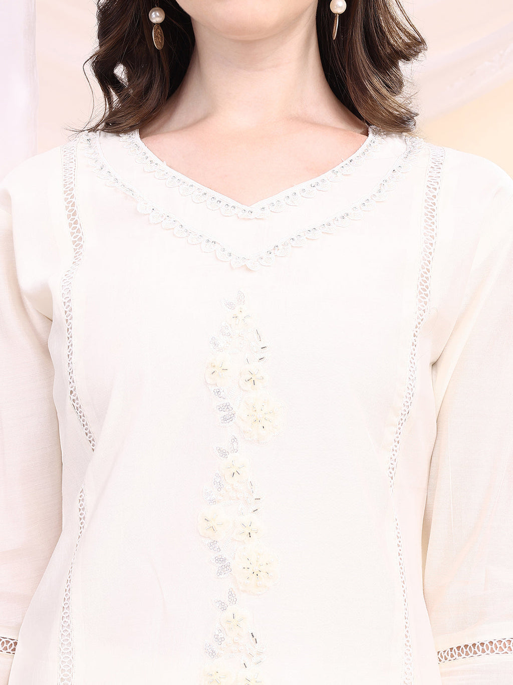 Applique Beads & Lace Embroidered Kurta With Pant & Dupatta, White - Hiral Fashion | Grocsy