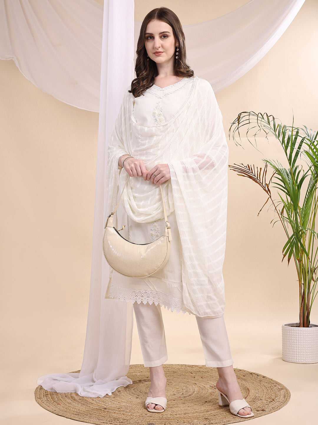 Applique Beads & Lace Embroidered Kurta With Pant & Dupatta, White - Hiral Fashion | Grocsy