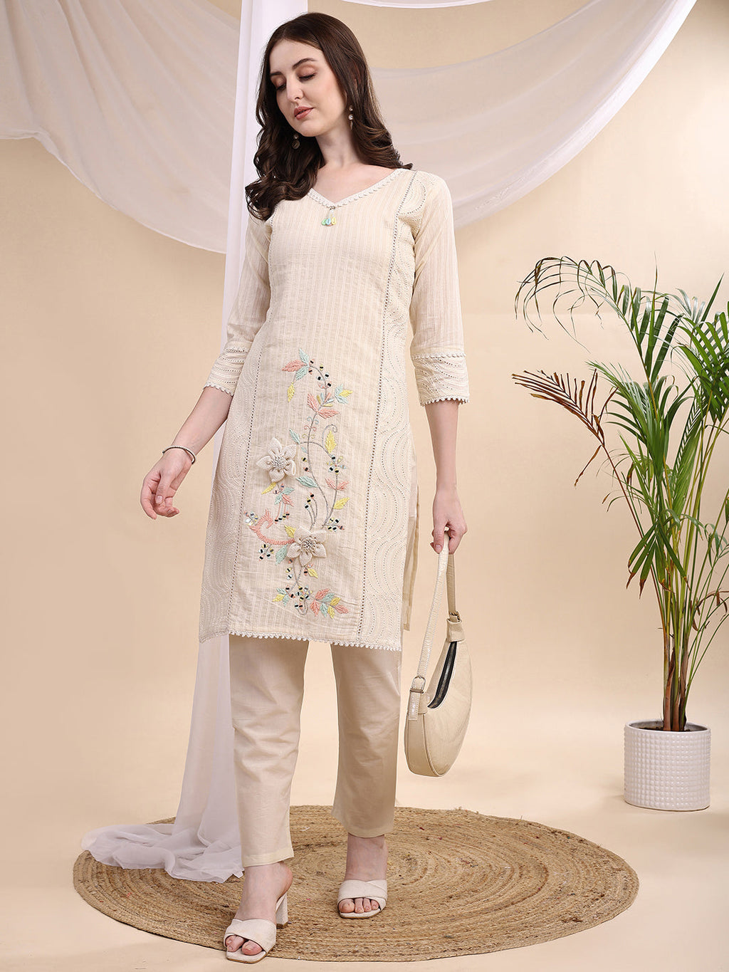 Mirror And Hand Embroidered Co Ords, Cream - Hiral Fashion | Grocsy