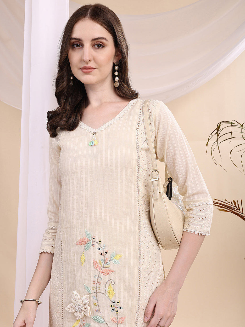 Mirror And Hand Embroidered Co Ords, Cream - Hiral Fashion | Grocsy