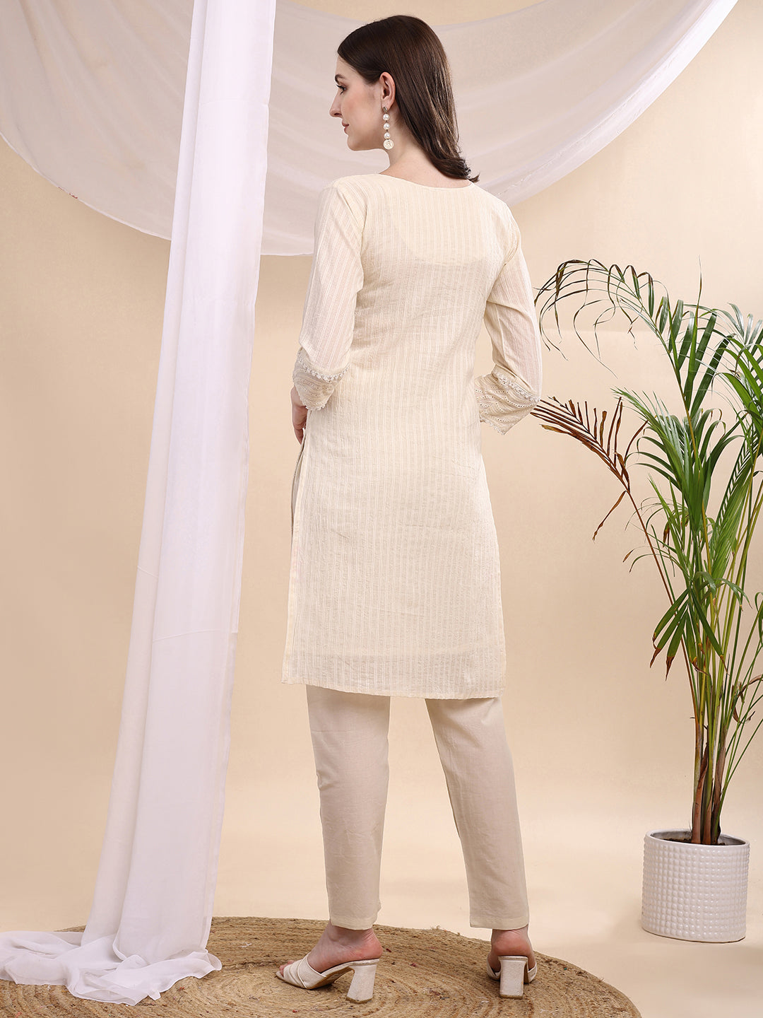 Mirror And Hand Embroidered Co Ords, Cream - Hiral Fashion | Grocsy