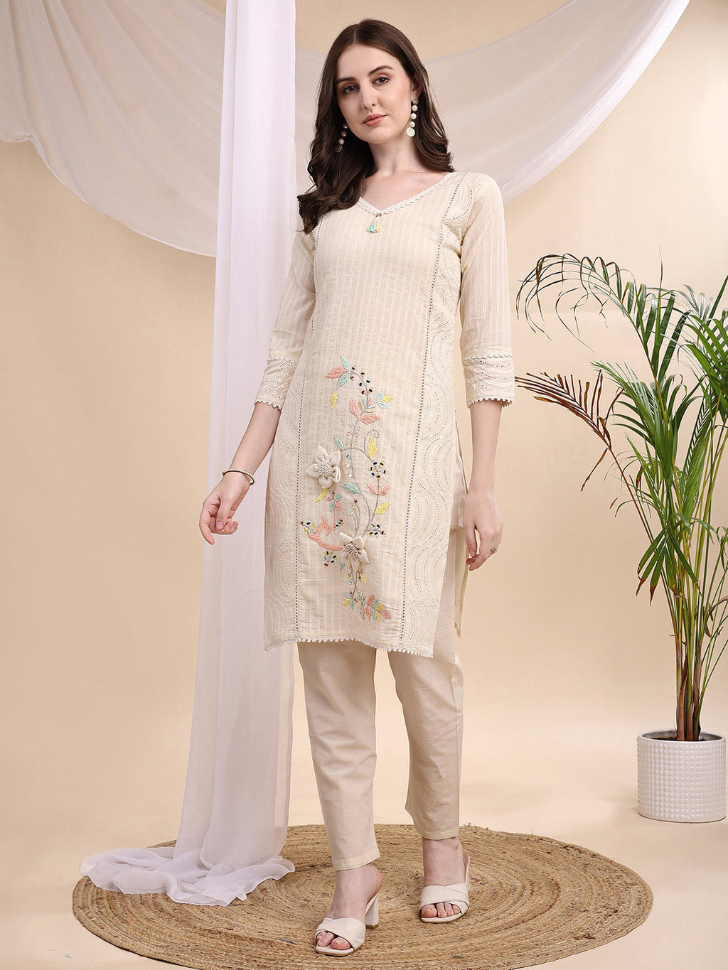 Mirror And Hand Embroidered Co Ords, Cream - Hiral Fashion | Grocsy