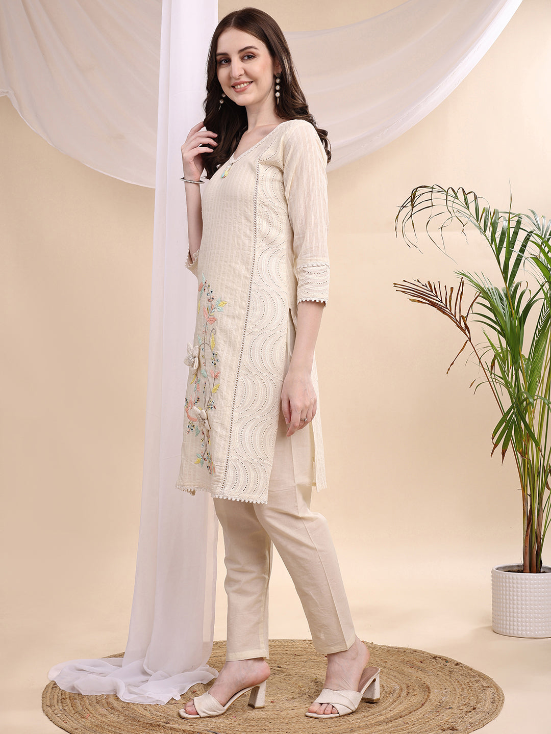 Mirror And Hand Embroidered Co Ords, Cream - Hiral Fashion | Grocsy