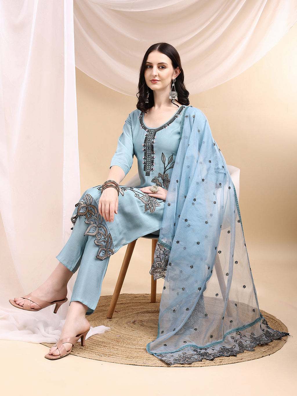 Embroidered Kurta With Pant & Embroidered Dupatta, Aqua-Blue - Hiral Fashion | Grocsy