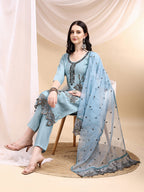 Embroidered Kurta With Pant & Embroidered Dupatta, Aqua-Blue - Hiral Fashion | Grocsy