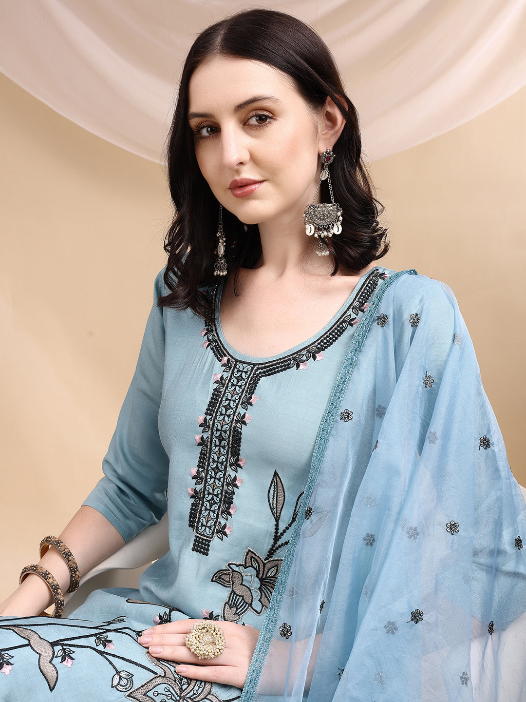 Embroidered Kurta With Pant & Embroidered Dupatta, Aqua-Blue - Hiral Fashion | Grocsy