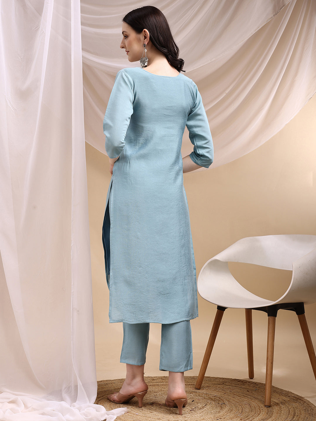 Embroidered Kurta With Pant & Embroidered Dupatta, Aqua-Blue - Hiral Fashion | Grocsy