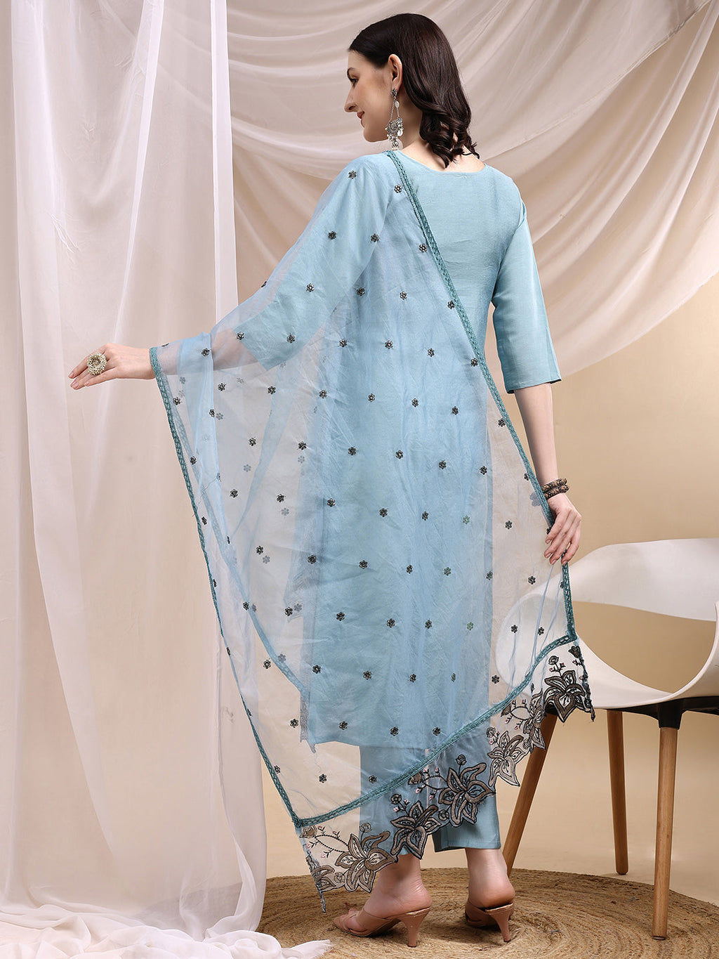 Embroidered Kurta With Pant & Embroidered Dupatta, Aqua-Blue - Hiral Fashion | Grocsy
