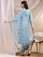 Embroidered Kurta With Pant & Embroidered Dupatta, Aqua-Blue - Hiral Fashion | Grocsy