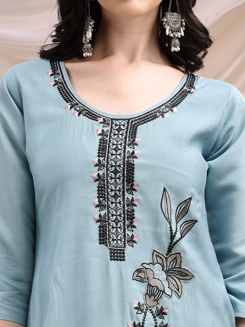 Embroidered Kurta With Pant & Embroidered Dupatta, Aqua-Blue - Hiral Fashion | Grocsy