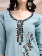 Embroidered Kurta With Pant & Embroidered Dupatta, Aqua-Blue - Hiral Fashion | Grocsy