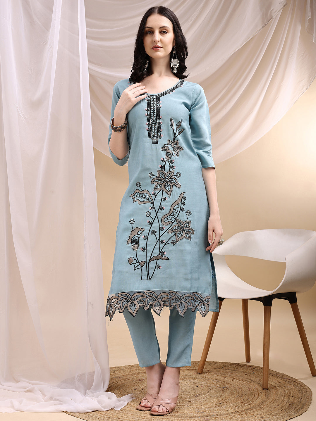 Embroidered Kurta With Pant & Embroidered Dupatta, Aqua-Blue - Hiral Fashion | Grocsy